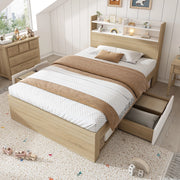 OKWISH Letto Singolo 90×200 cm con 2 Cassetti, Contenitore e Mensole, senza Materasso, in Legno, Bianco e Rovere