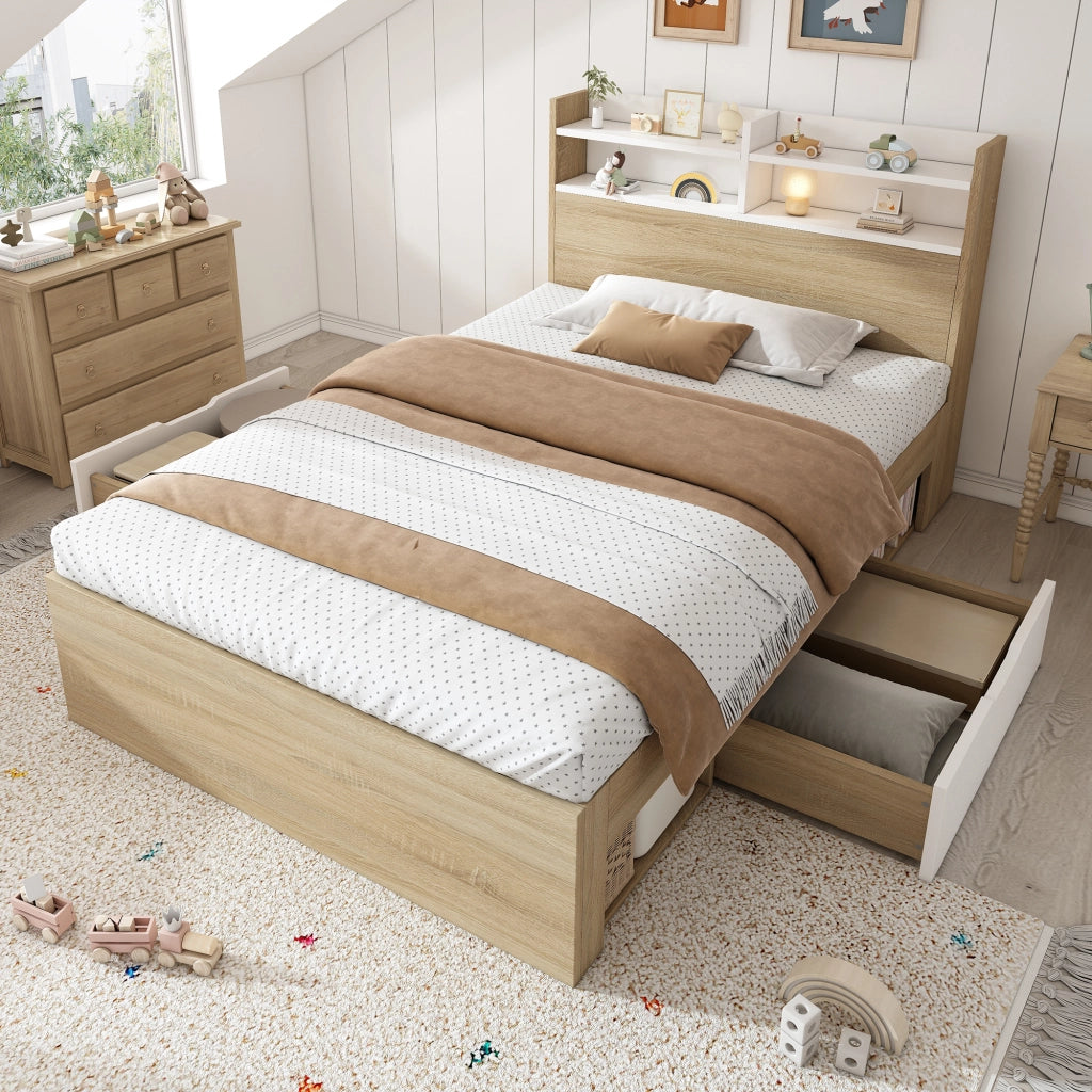OKWISH Letto Singolo 90×200 cm con 2 Cassetti, Contenitore e Mensole, senza Materasso, in Legno, Bianco e Rovere