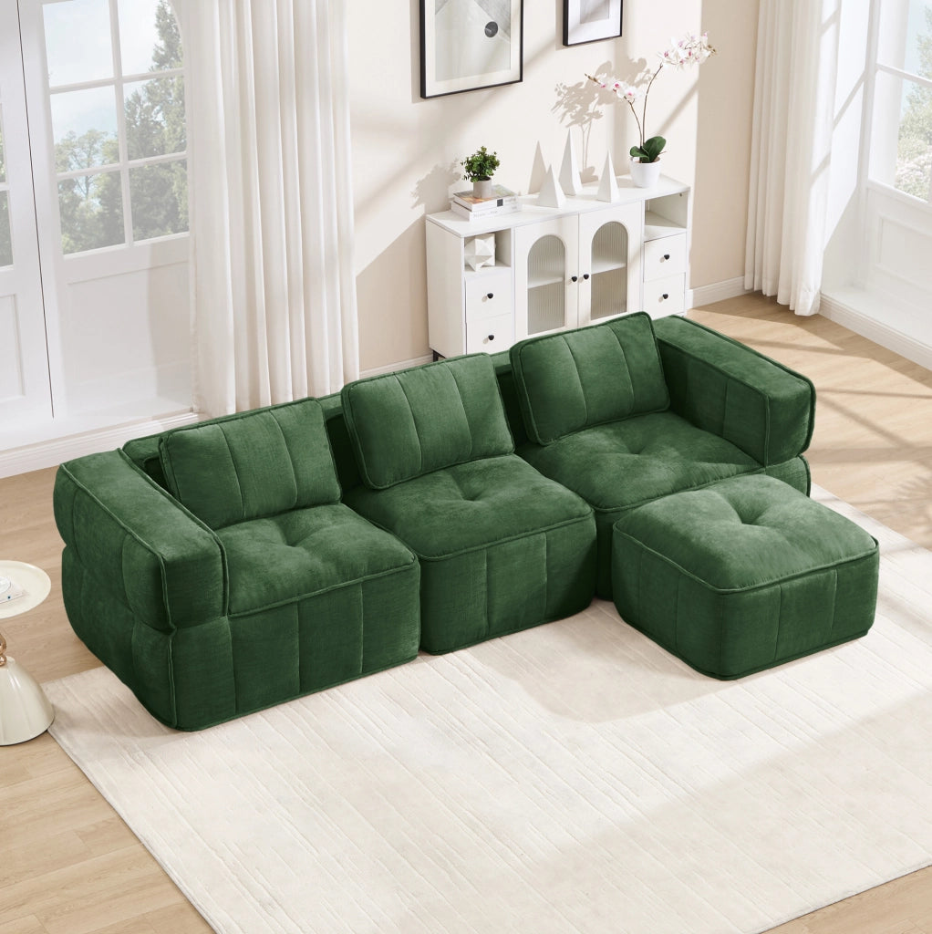 Divano angolare modulare in poliestere verde con pouf HOMVRA