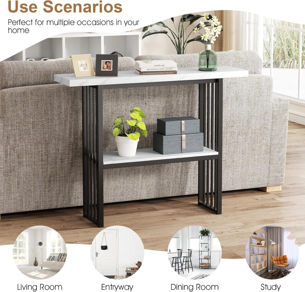 Tavolo Console da ingresso, 120 x 29,5 x 92,5 cm, piano in finto marmo e telaio in metallo, tavolino ausiliario con 2 ripiani, risparmio di spazio, tavolo da soggiorno, corridoio (bianco+nero)