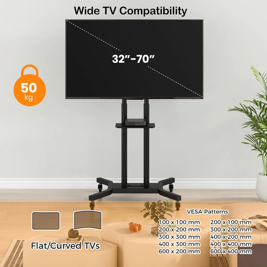 Supporto TV da Pavimento per TV LCD LED da 32-70 Pollici, Supporto TV Regolabile in Altezza a 8 Livelli, Carico 50 KG, VESA Max 600 X 400 MM, con Ripiano per TV Piatto/Incurvi, per Casa, Ufficio