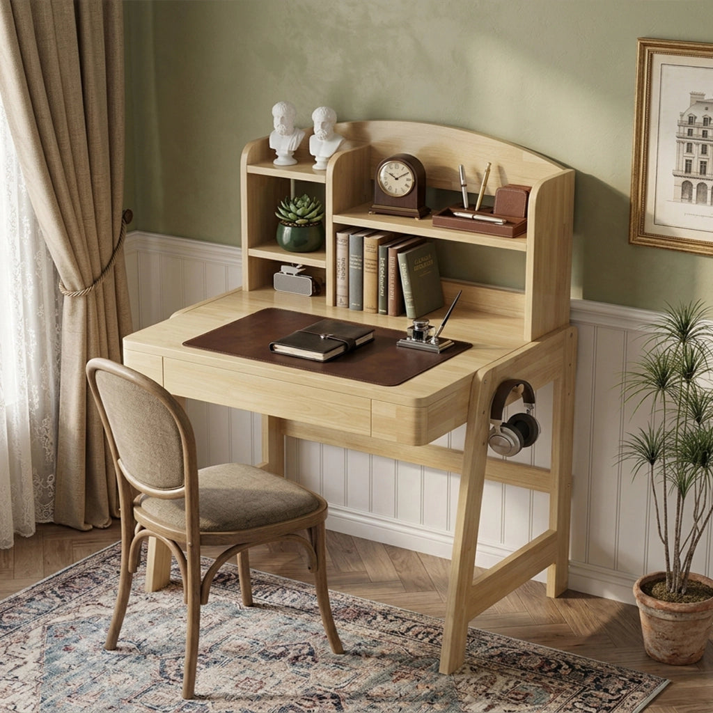 Scrivania lineare per bambini da 6 anni con altezza regolabile, cassetto, vano contenitore e gancio, in legno naturale