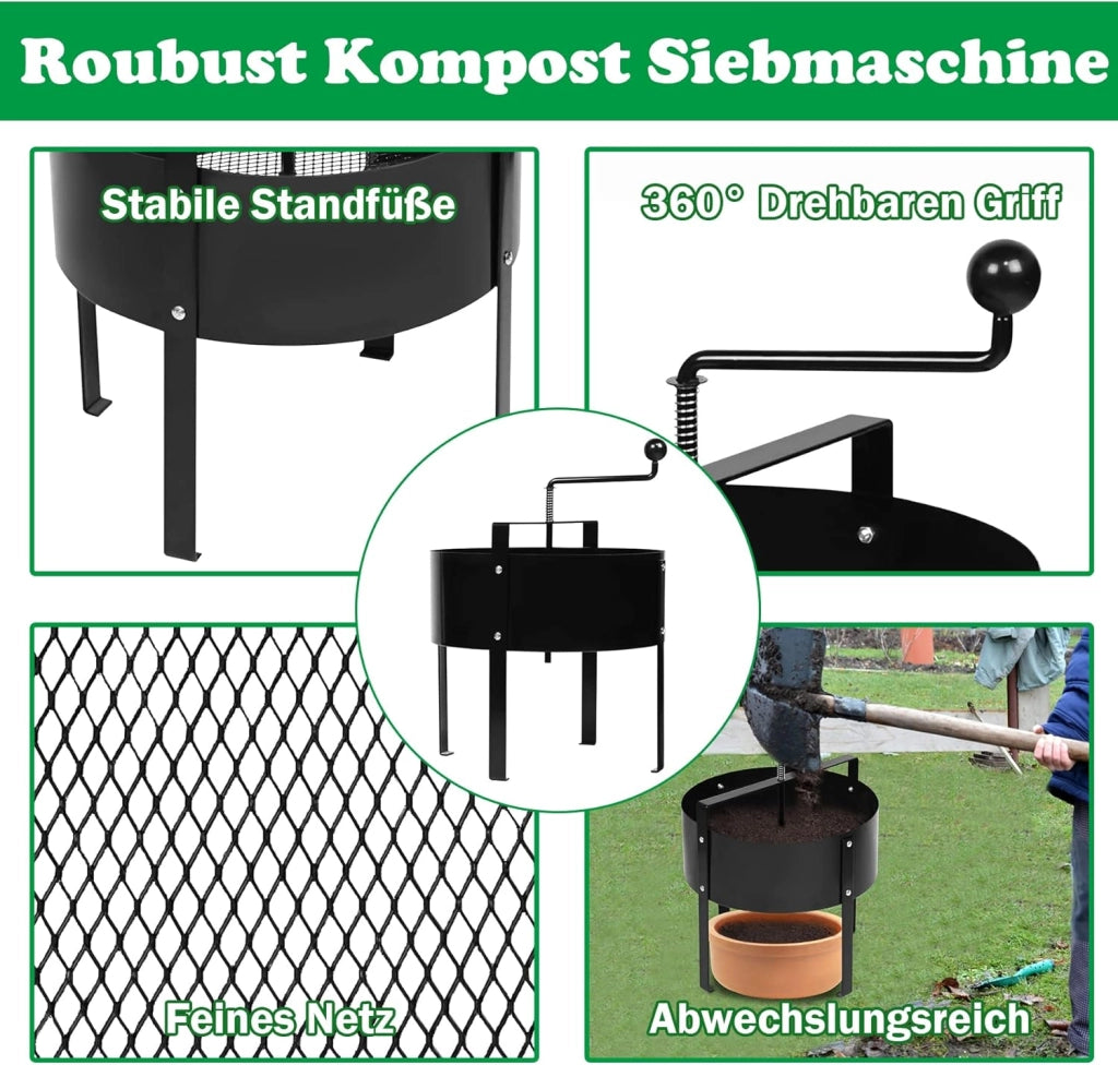 Colino per compost da giardino, 40 x 45 cm, colino a manovella, con manici, colino per terra, prato, giardino