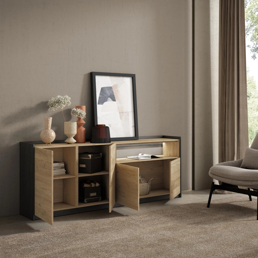 Credenza, Mobile, Cucina, 207x80x37 cm, 4 Porte, LED, Rovere e nero