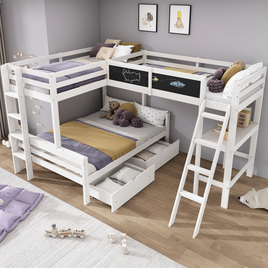 OKWISH Letto a Castello 140×200 cm e 90×200 cm, Letto 3 Posti con 2 Cassetti, Scrivania Integrata e Mensole, senza Materasso, Bianco