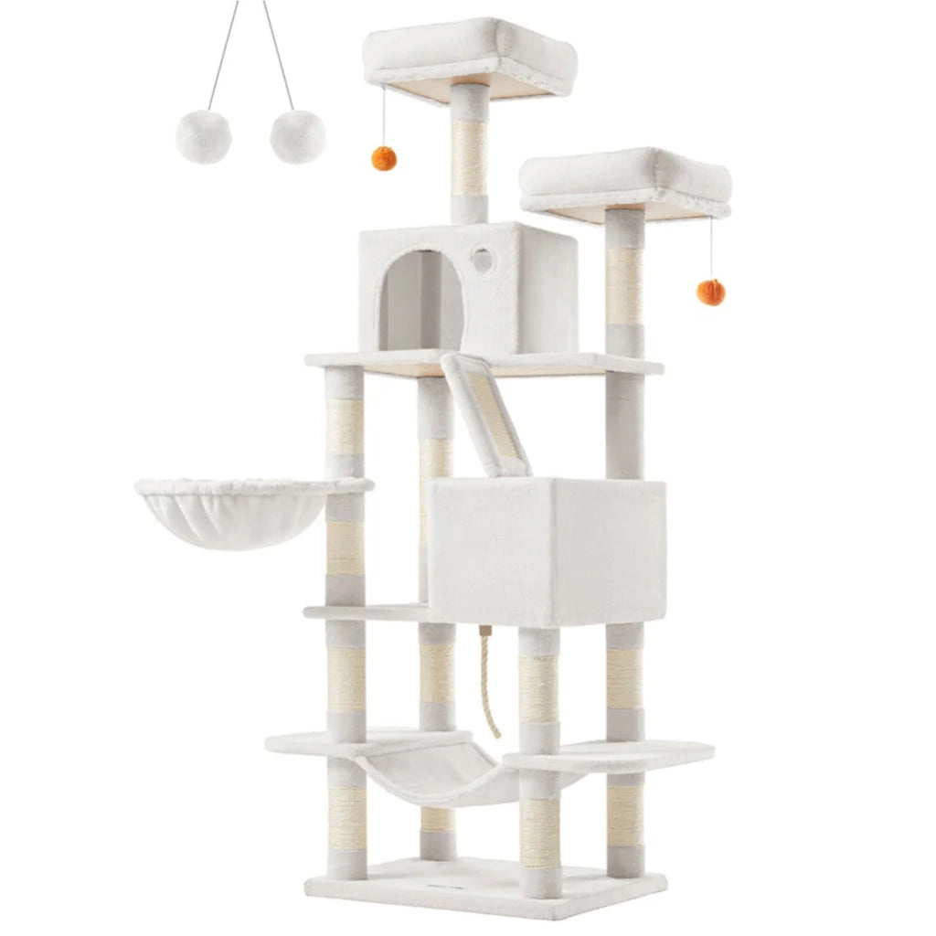 Tiragraffi grande torre gioco altezza 168 cm con 13 tiragraffi 1 tavola tiragraffi 2 piattaforme 2 nicchie cesto amaca pompon tessuto peluche multilivello bianco 12_0003842