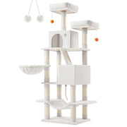 Tiragraffi grande torre gioco altezza 168 cm con 13 tiragraffi 1 tavola tiragraffi 2 piattaforme 2 nicchie cesto amaca pompon tessuto peluche multilivello bianco 12_0003842