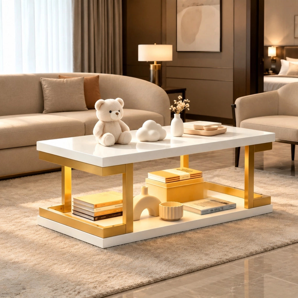 Tavolino da caffè LED bianco e oro 100x50x37,5 cm in MDF e metallo