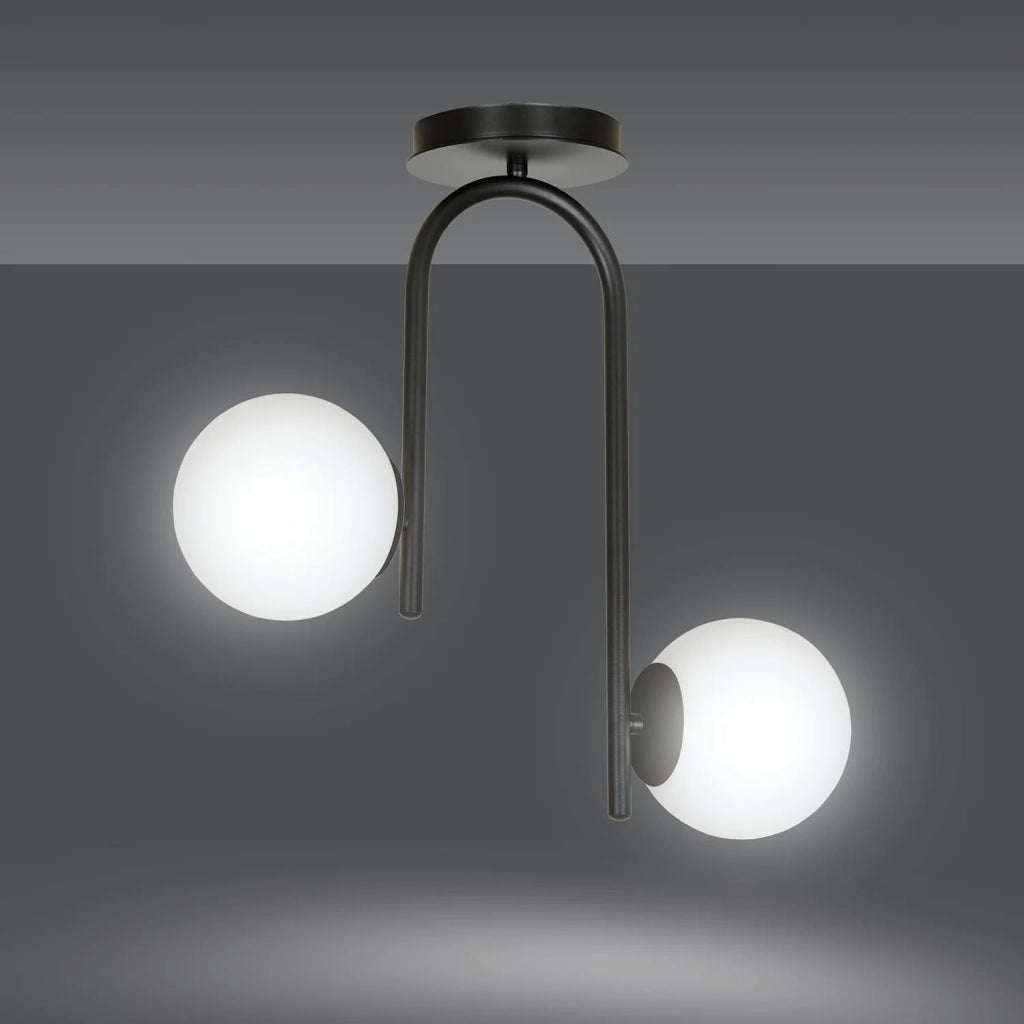 Lampadario 2 Luci Rama In Acciaio Nero A Bracci E Sfere In Vetro Opalino