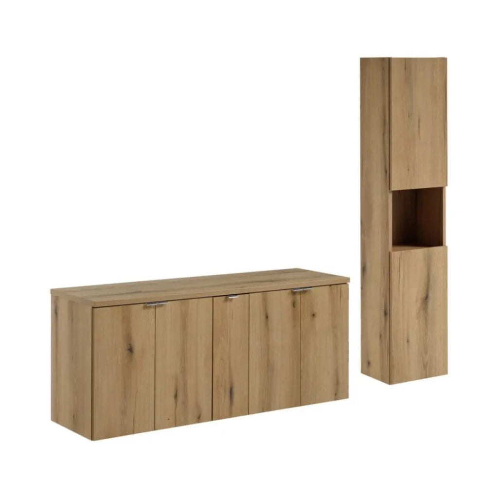 Set da bagno sospeso VANO in rovere 170cm: mobili sottolavabo con ante + piano per lavabo + colonna