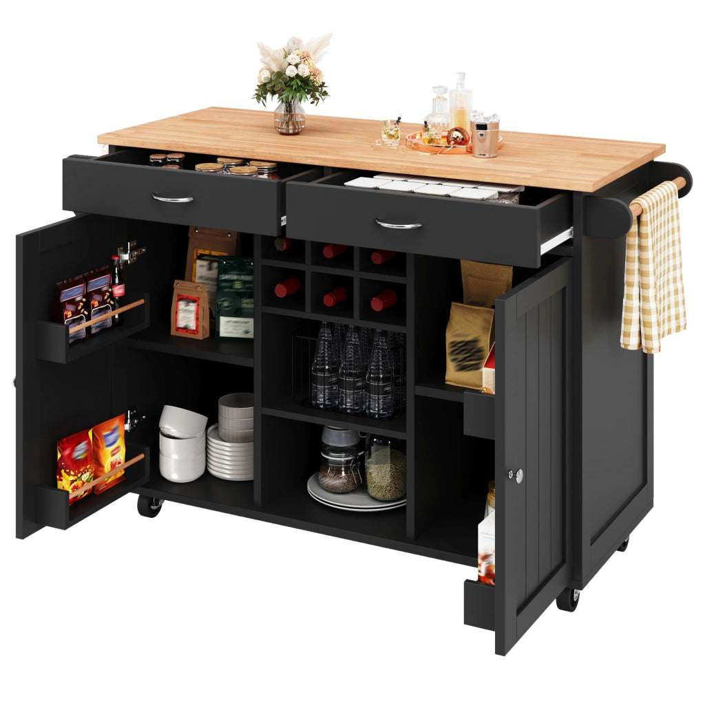 Isola da cucina mobile con portabottiglie, nera, 102×45×92 cm