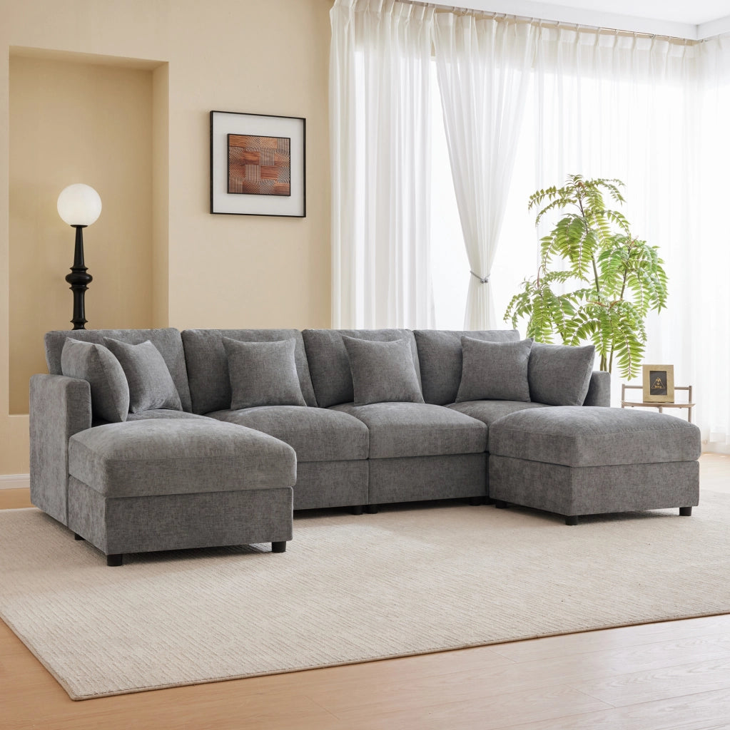 Divano modulare angolare 284x156;5x86 cm in chenille grigio con 2 pouf e 6 cuscini