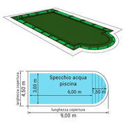 Copertura 9,00 X 4,50 M Invernale Standard 240 Gr/m² Con Bretelle E Salamotti Per Piscine Rettangolari Con Scala Romana 7,50 X 3,00 M
