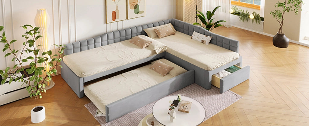 Letto combinato a L 90 × 200 cm con letto estraibile, 2 cassetti, senza materasso, in flanella grigio