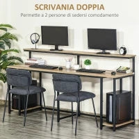 Scrivania Doppia con Scaffali e Mensola per Monitor in Stile Industriale, Scrivania con Libreria Salvaspazio per Ufficio e Studio in Metallo e MDF, 200x53x100cm, Nero Marrone