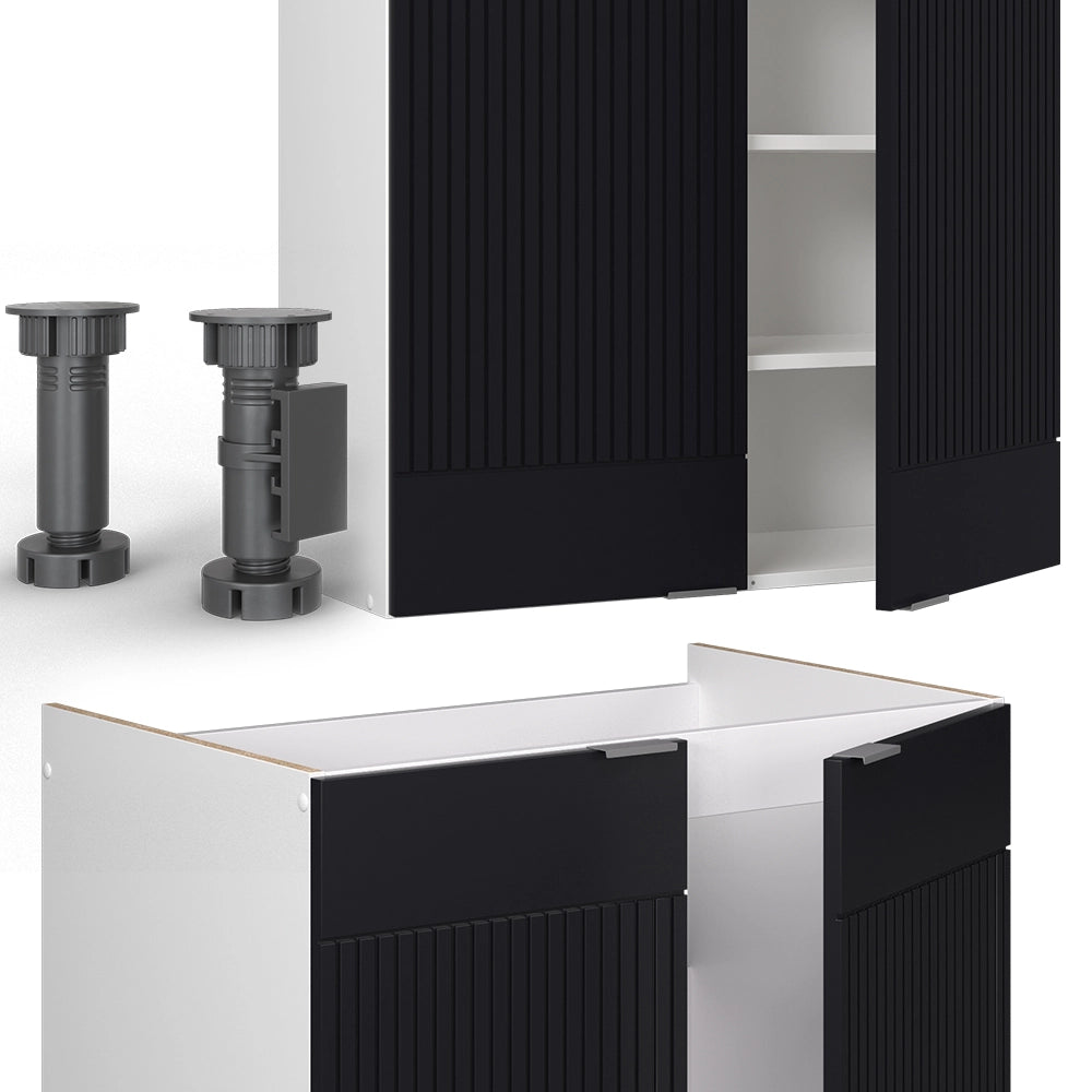 Cucina componibile Fame-Line Nero rigato/Bianco 235 cm, PL Marmo Vicco