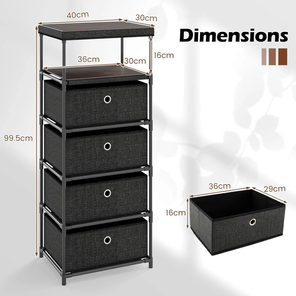Cassettiera in Tessuto, Comò per Camera da Letto con 3/4 Cassetti Rimovibili e Pieghevoli e Ripiano Aperto, per Soggiorno, Ufficio e Studio, Marrone Rustico e Nero (40 x 30 x 99,5 cm)