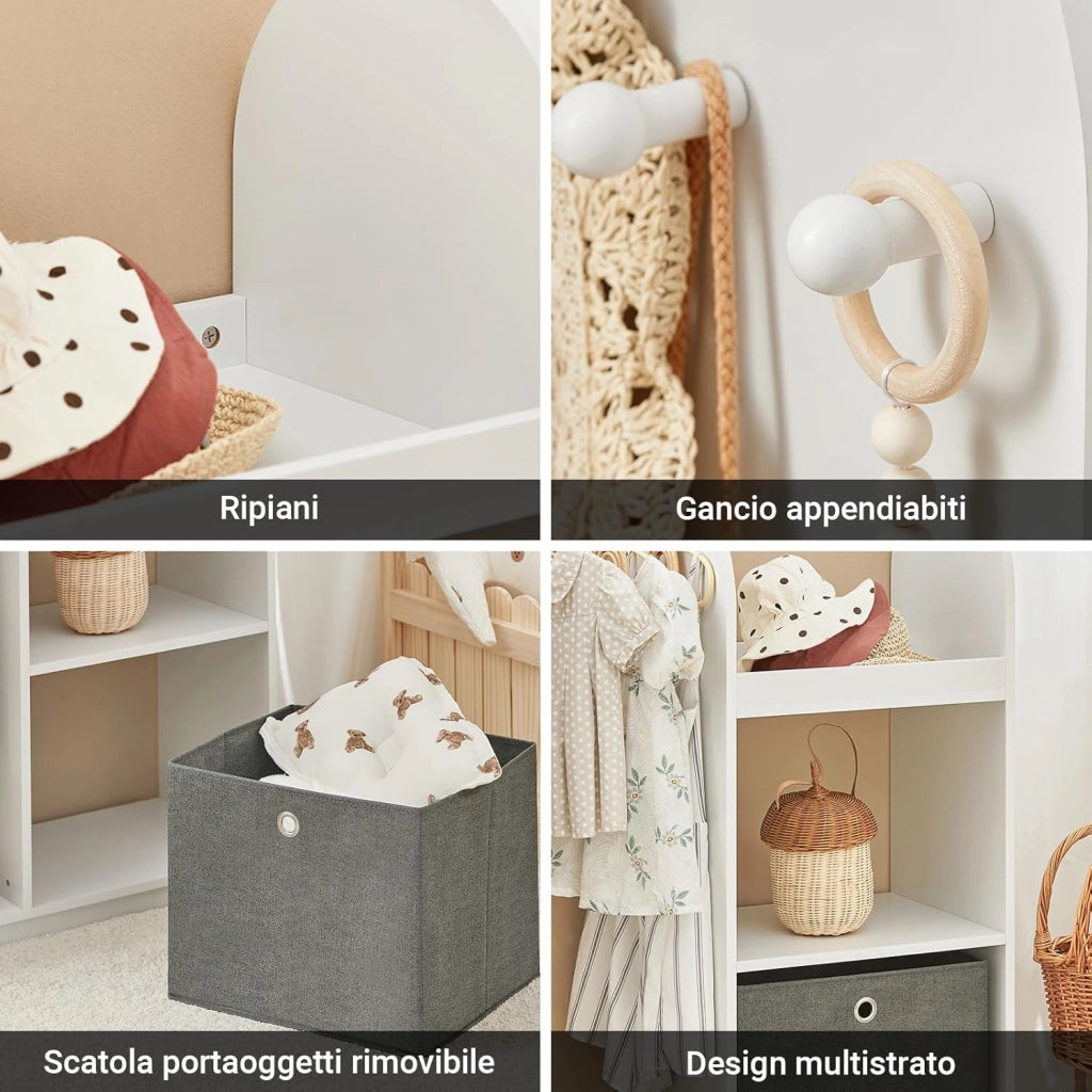 Armadio Cameretta Armadio Bambini con 3 Scomparti, Contenitore Tessuto e 3 Ganci Laterali Guardaroba con Appendiabiti per Bambini Bianco 97x35x108 KMB40-W