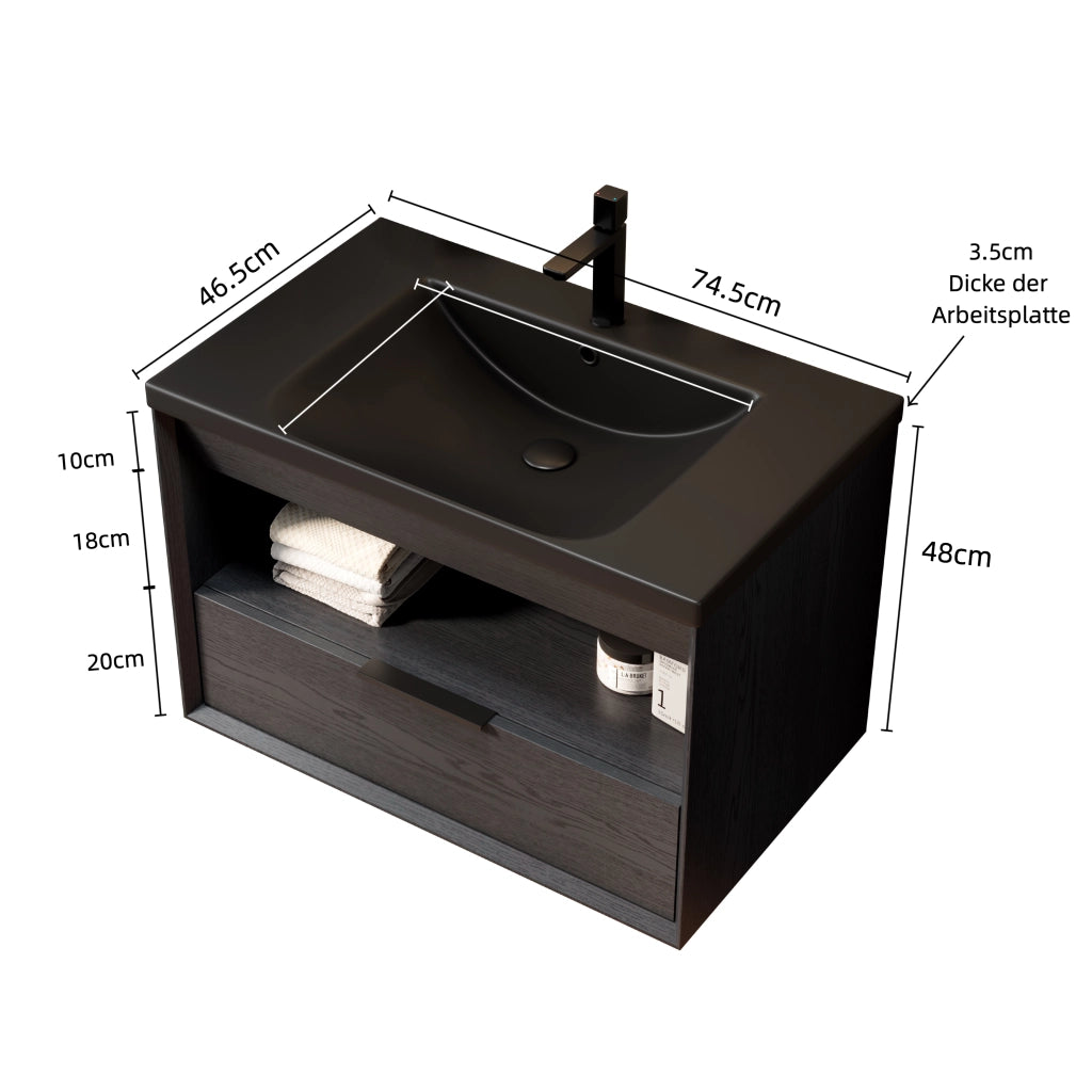 Mobile sottolavabo con lavabo integrato in ceramica, 1 cassetto e 1 vano aperto, per bagno, nero rovere scuro