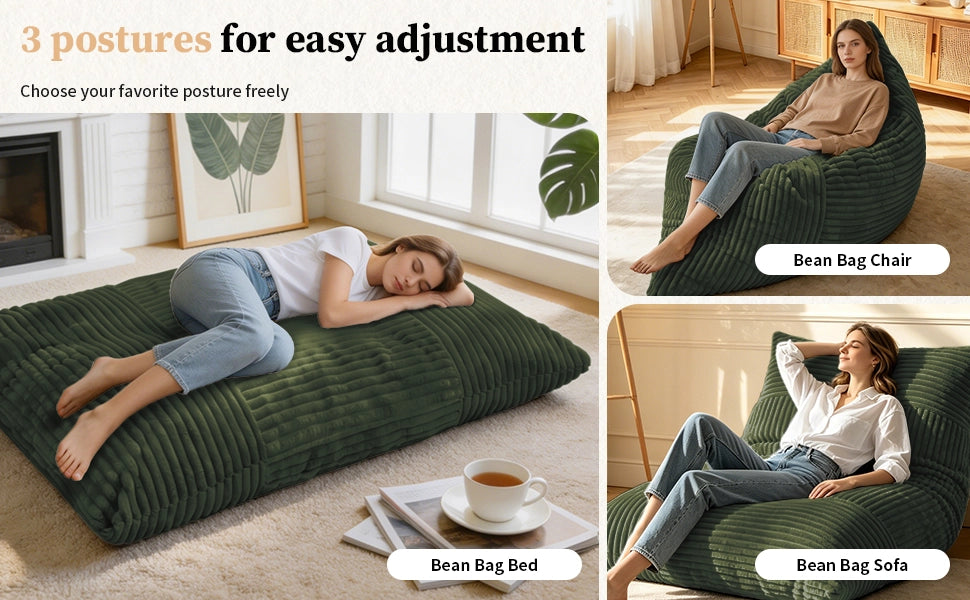 Pouf trasformabile con seduta, divano e letto in velluto a coste morbido, imbottitura in memory foam, verde