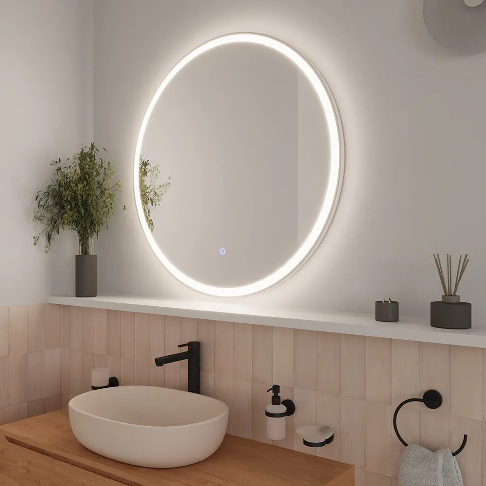 Specchio led tondo Ø 60 cm cornice bianco opaco touch screen luce calda/fredda