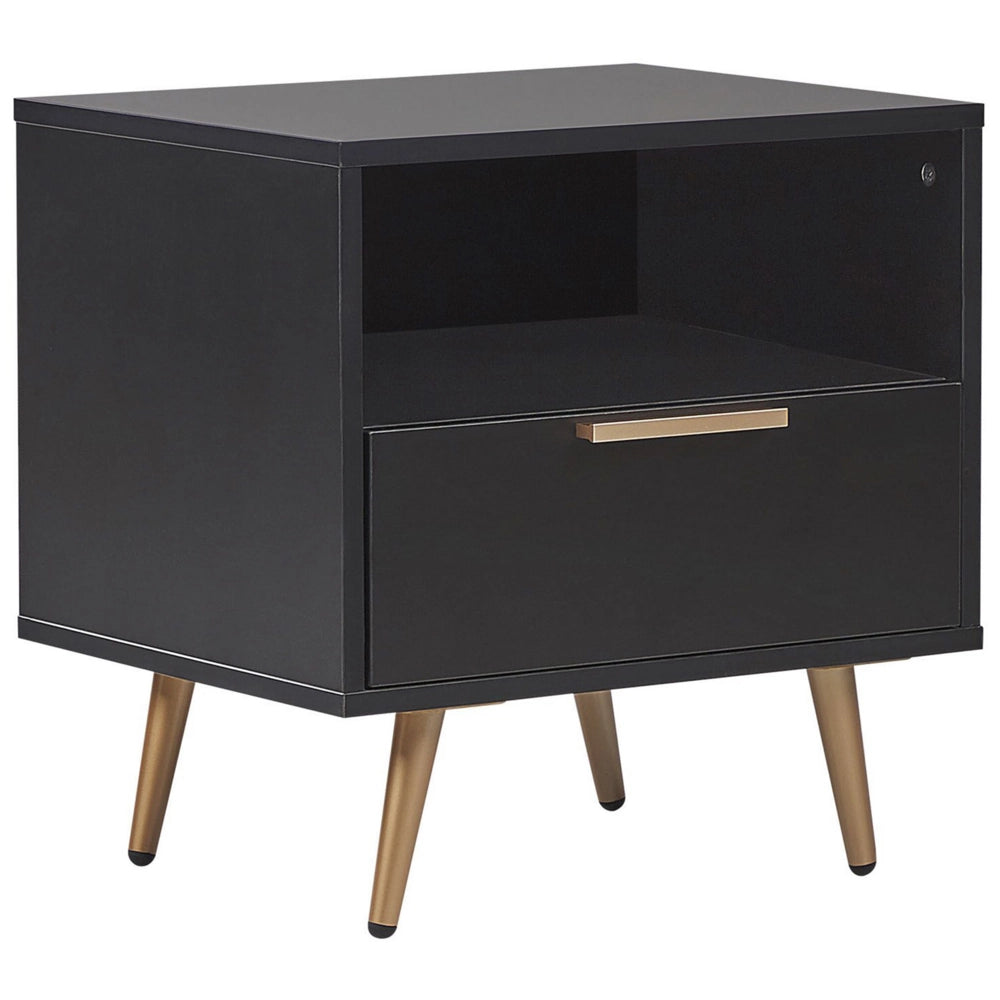 Comodino MDF Nero Gambe in metallo dorato Cassetto portaoggetti Scaffale finitura opaca Comodino camera da letto