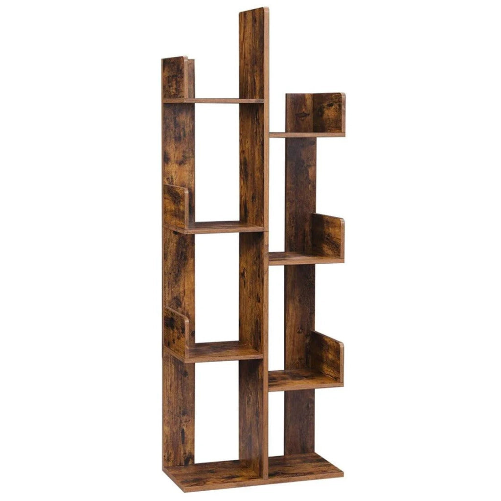 Scaffale ad albero libreria con contenitore a 8 scomparti 50 x 25 x 140 cm con angoli arrotondati e bordi rustici marrone 12_0002769