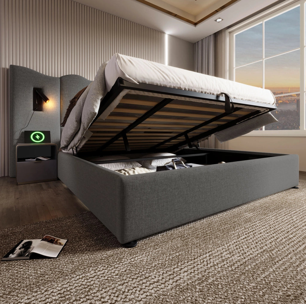 Letto contenitore 180x200 cm con lampada LED orientabile e porte USB-C