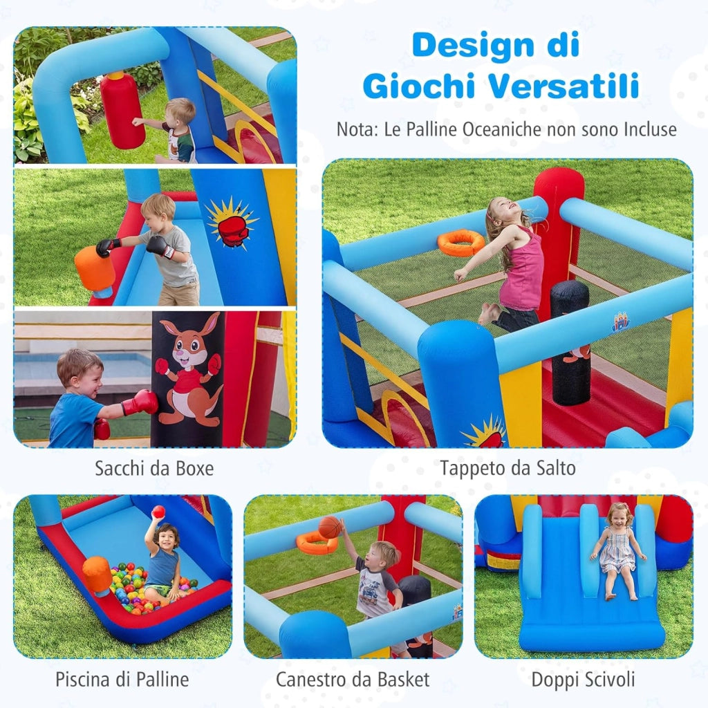 Castello Gonfiabile per Bambini con Soffiatore 550W, Casa Gonfiabile con Palo da Boxe, Trampolino, Doppio Scivolo, Piscina di Palline e Canestro da Basket, per Bambini 3-12 Anni