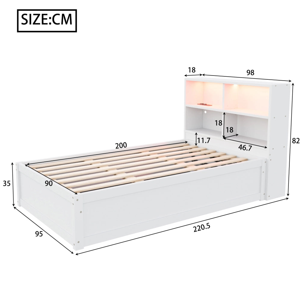 Letto multifunzione 90x200 cm con presa integrata; LED e 4 vani contenitore; bianco