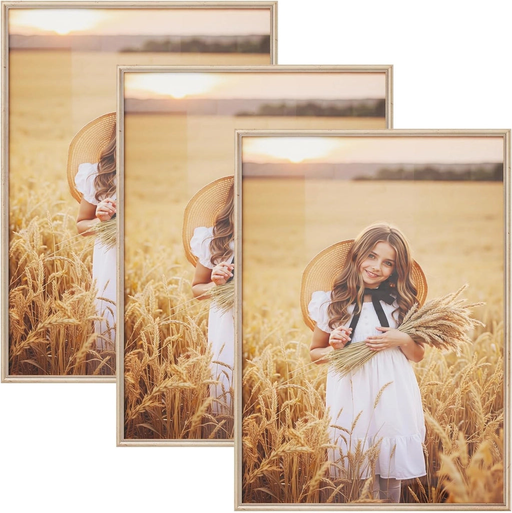 Set di 3 Cornici Foto 50x70 cm con Passepartout, Portafoto da Parete e Tavolo, Verticale o Orizzontale, in Legno Massiccio, Oro
