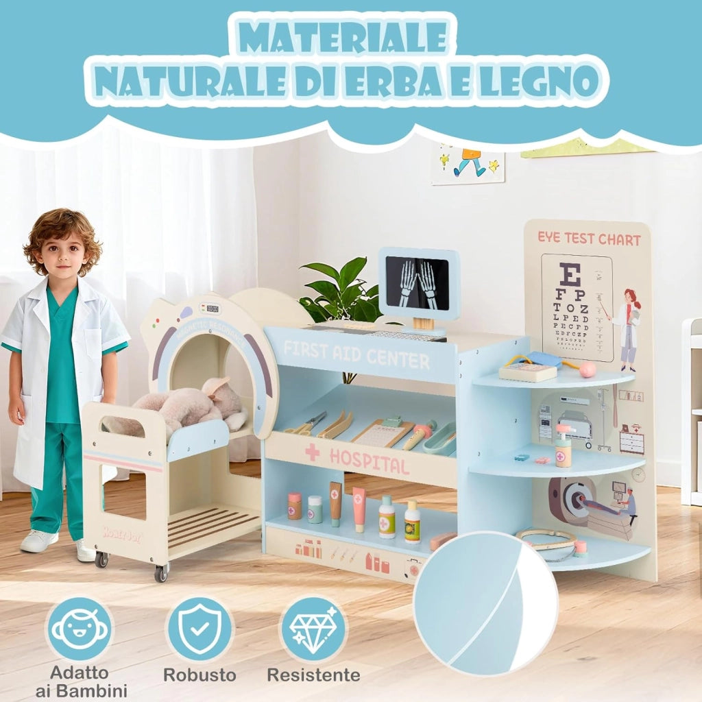 Set Gioco Dottore per Bambini, Medico Giocattolo in Legno con Tabella Oculistica, Macchinario CT e Radiografie, Gioco di Ruolo Medico Educativo con Accessori per Bambini 3+ Anni (Blu)