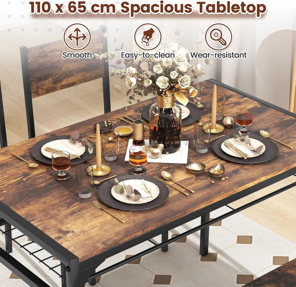 Set di tavolo da pranzo per 4, tavolo rettangolare con 2 sedie, 1 panchina, mensole, telaio in metallo resistente, set da pranzo da 4 pezzi, sala da pranzo, cucina (marrone rustico)