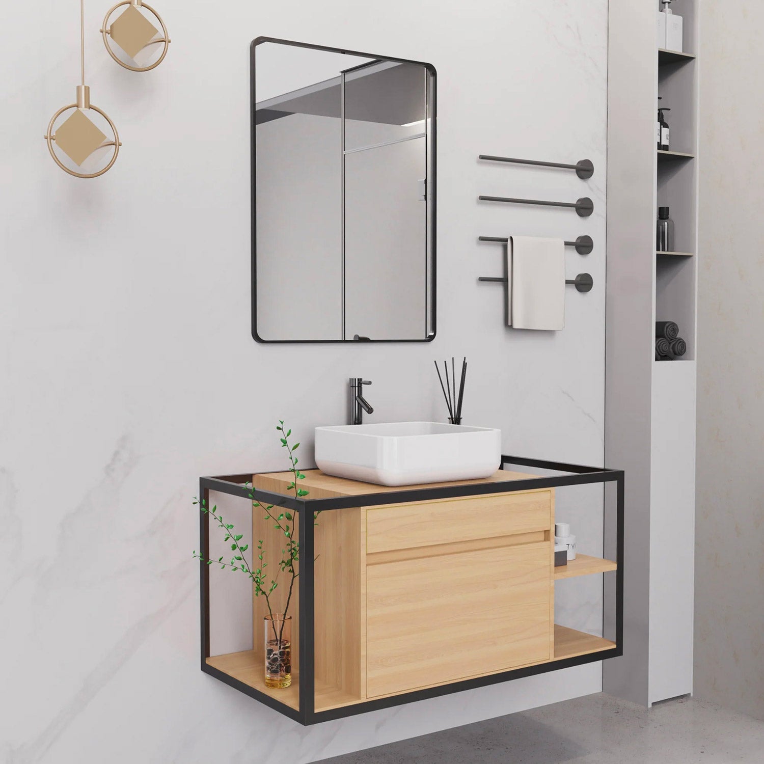 Mobile Bagno Sospeso 100 cm Lavabo e Specchio Berlin Rovere e Nero