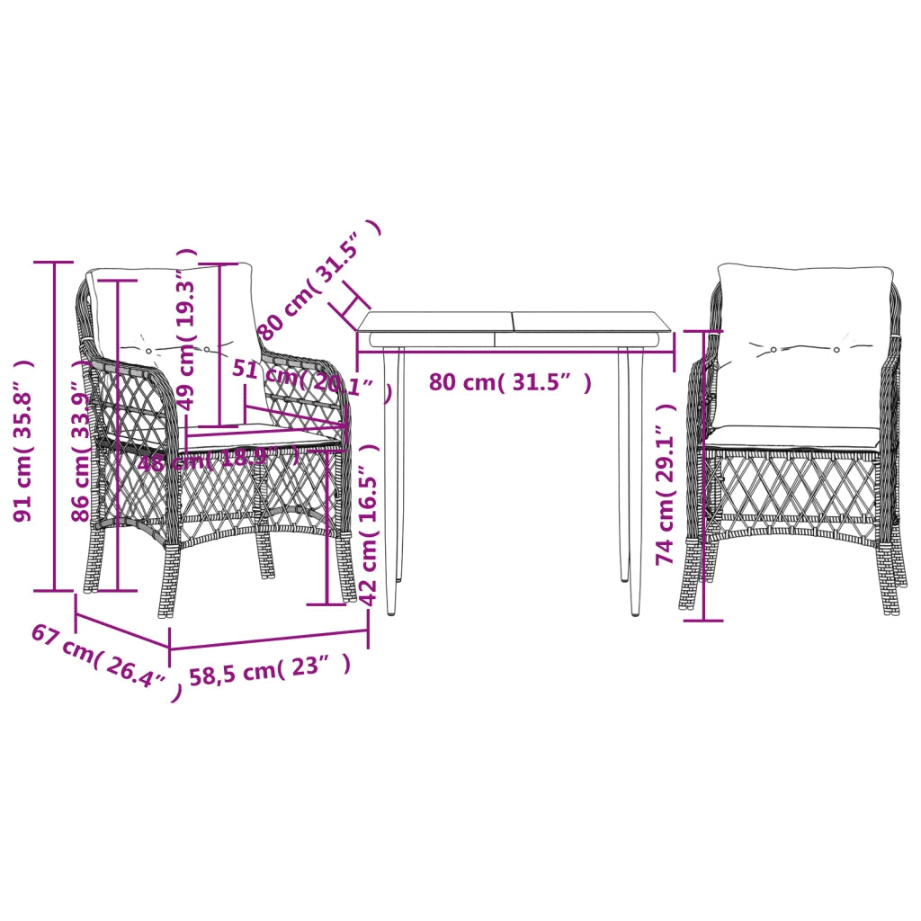 Set da Bistr¨° 3 pz | Set Salotto da Giardino con Cuscini Grigio in Polyrattan