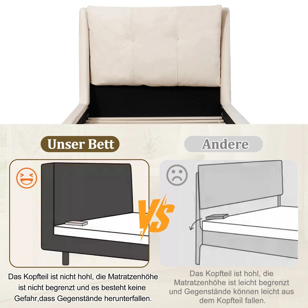 Letto Singolo Imbottito con Testiera e Rete a Doghe ¨C MINIMAL ¨C Velluto Beige 90x200