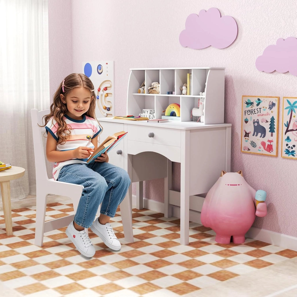 Set Scrivania e Sedia per Bambini in Legno, Tavolo e Sedia per Cameretta con Cassetto, Ripiano e Armadietto, Scrivania per Bambini Età 3+ Anni per Computer