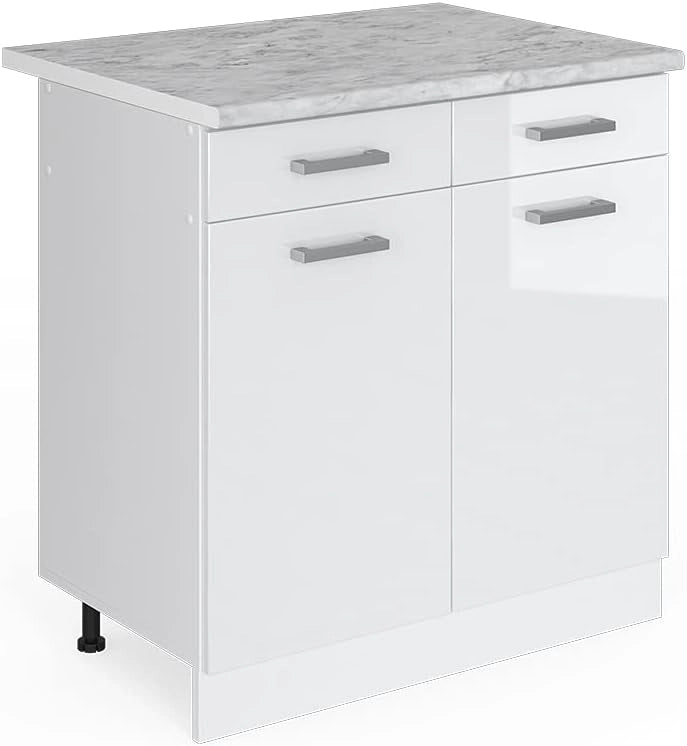 Mobiletto base per cucina R-Line, Bianco lucido, 80 cm, PL Marmo, per la libera combinazione all'interno di sistemi cucina modulari