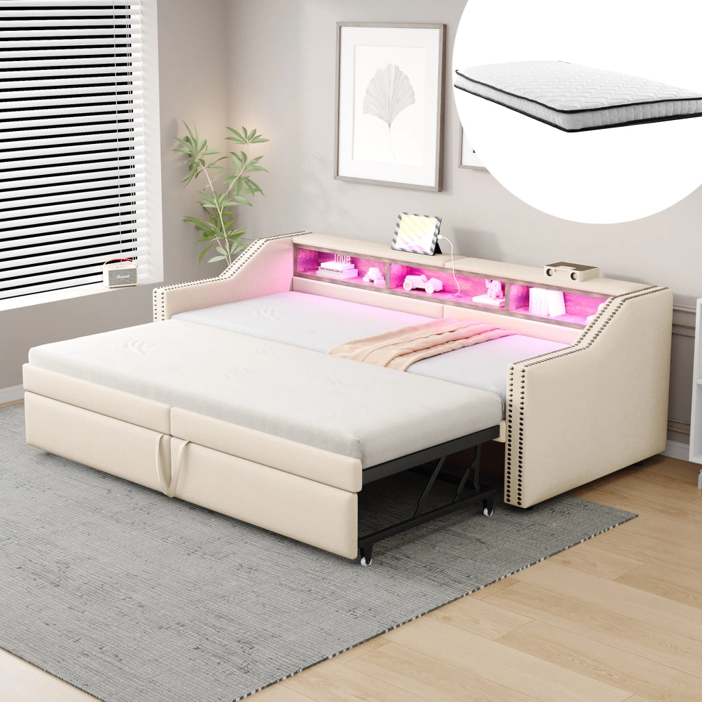 Letto divano estraibile 90 × 200 cm et 180 × 200 cm con ripiani, USB et LED, con 2 materassi, beige
