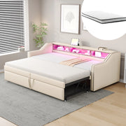 Letto divano estraibile 90 × 200 cm et 180 × 200 cm con ripiani, USB et LED, con 2 materassi, beige