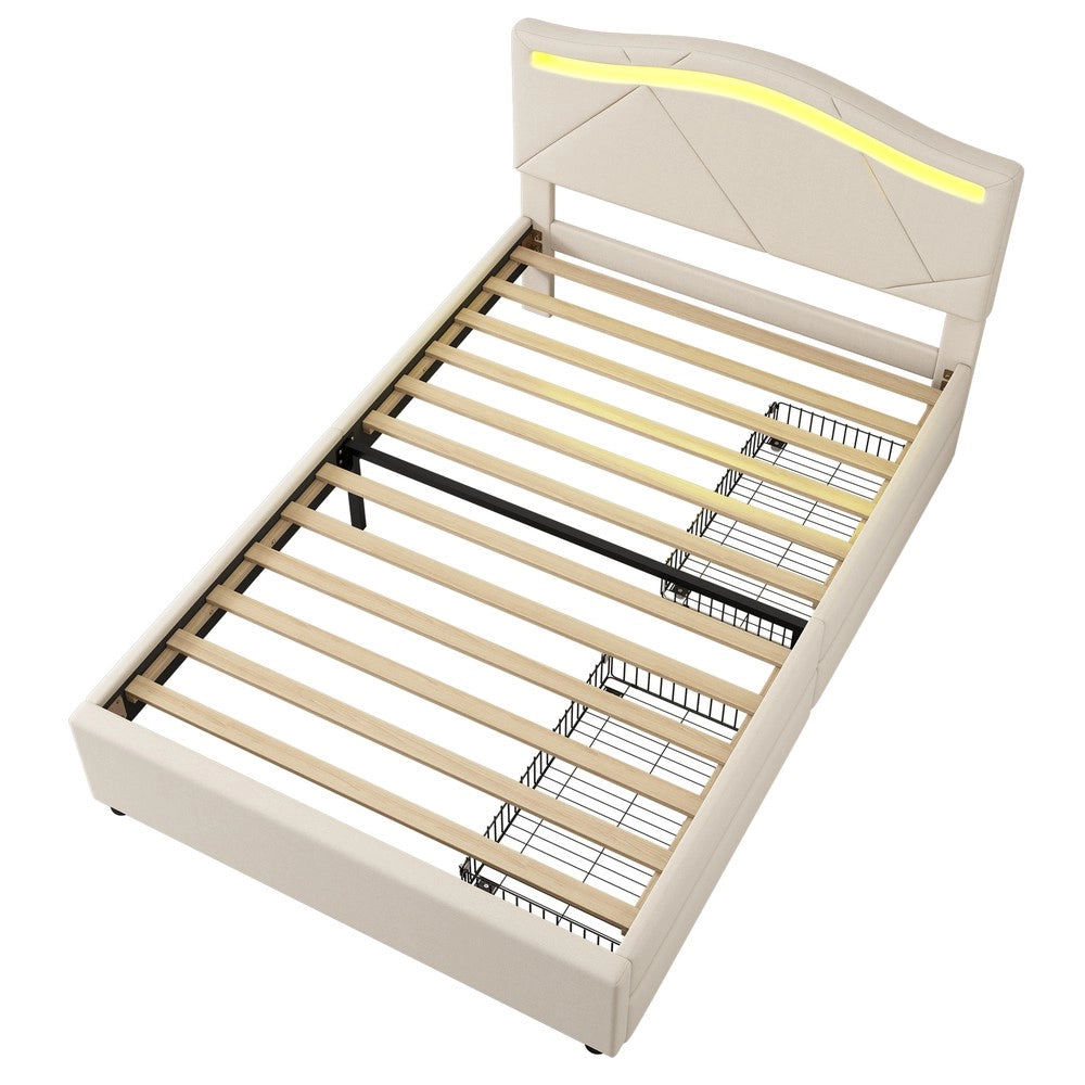 Letto Imbottito con LED e Cassetti ¨C MINIMAL ¨C Testiera Regolabile, Tessuto Beige, 90x200