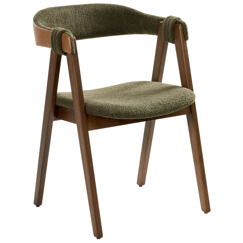 Set di 2 sedie da pranzo in tessuto boucle di poliestere marrone scuro e verde con gambe in legno di gomma in stile retrò tradizionale