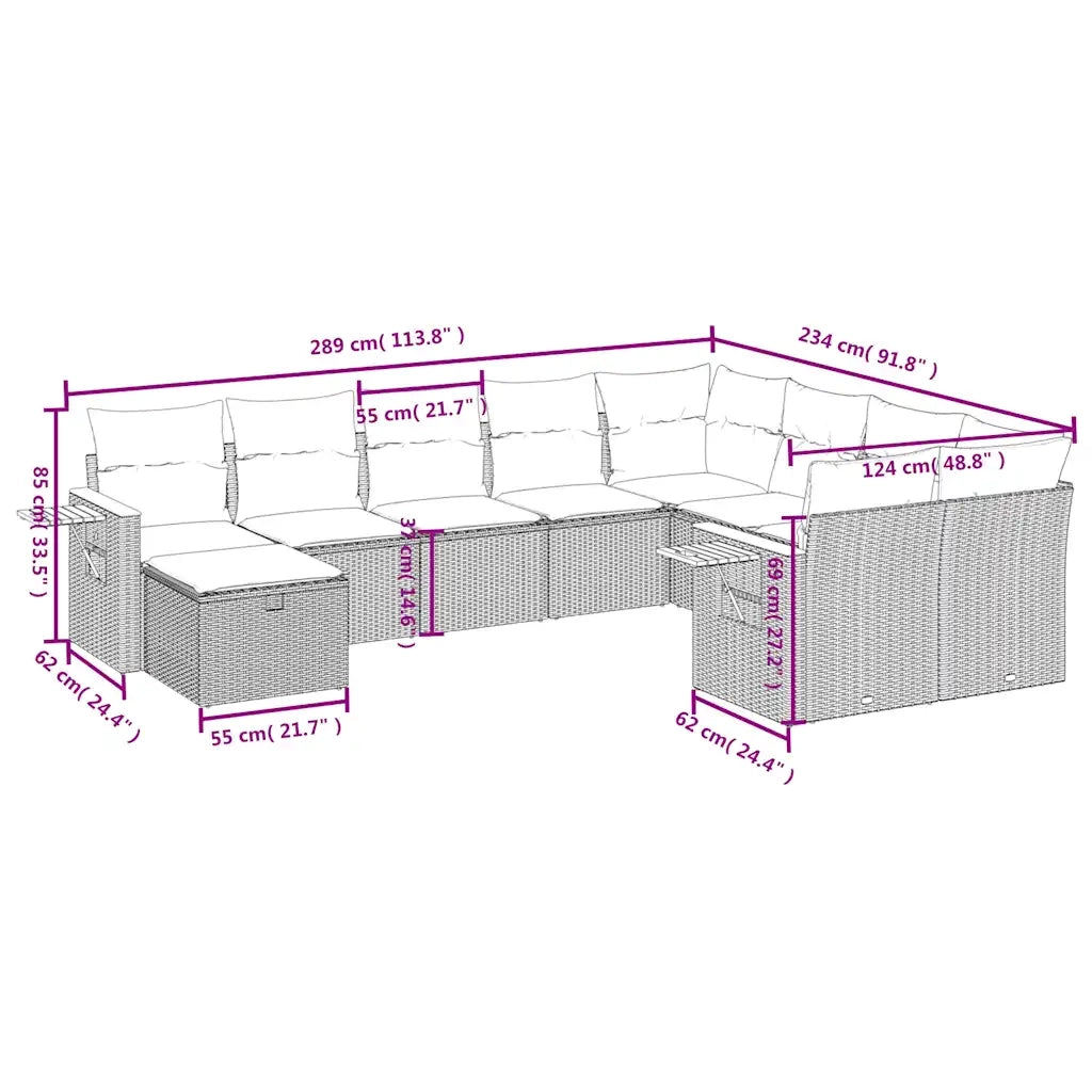 Set Divani da Giardino 10 pz con Cuscini Grigio in Polyrattan