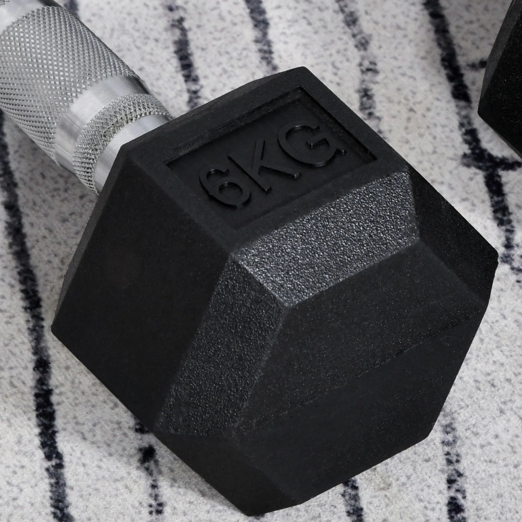Set di 2 Manubri Esagonali da 6 kg con Presa Antiscivolo e Rivestimento in Gomma Nero