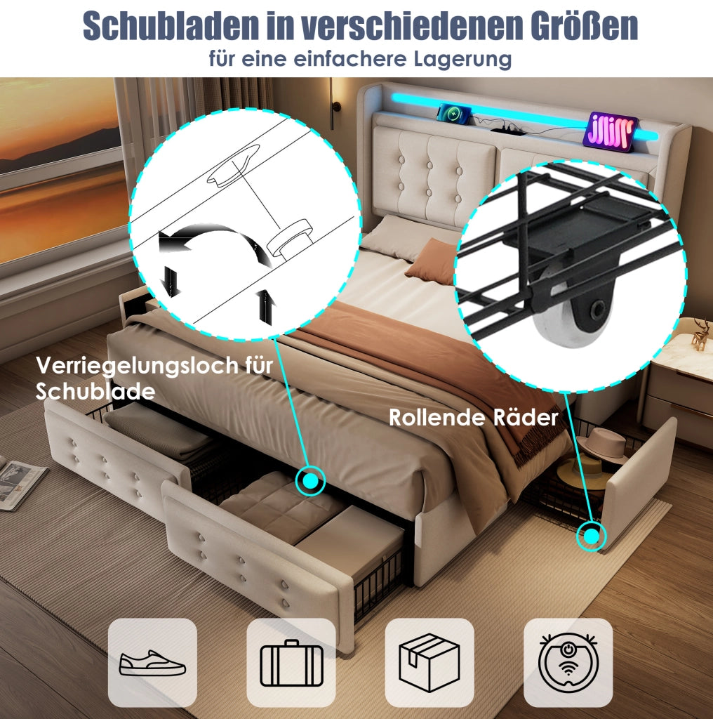 Letto imbottito 140x200 cm con LED; porte USB e USB-C; 4 cassetti; beige in tessuto cotone e lino