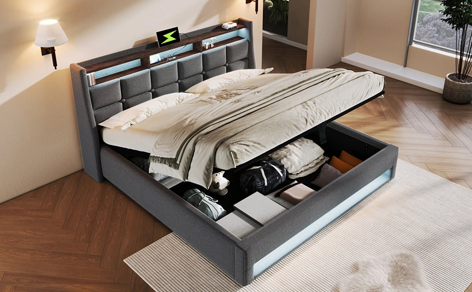 DESMIU Letto contenitore 140 × 200 cm 2 posti con USB, LED, vano contenitore, materasso incluso, in lino grigio