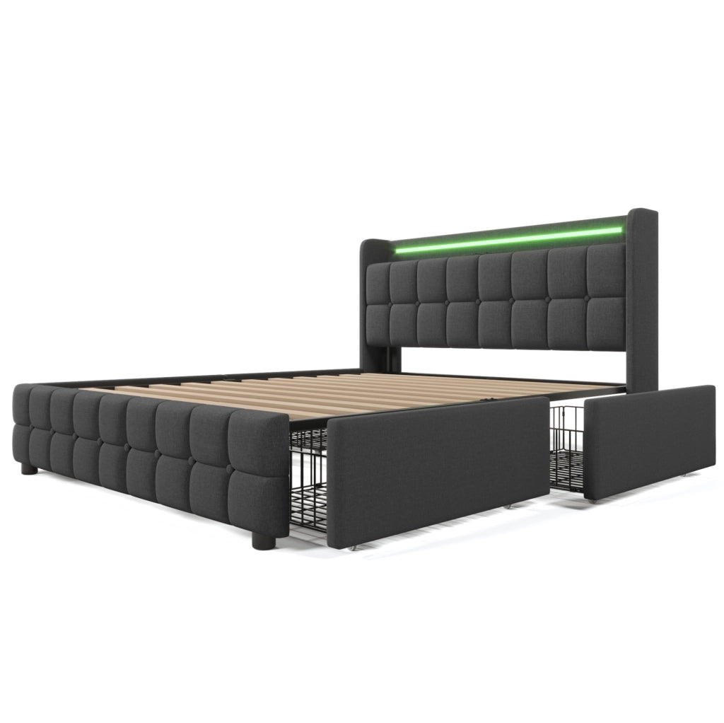 Letto contenitore 140x200 cm con LED; USB; 4 cassetti e testiera; grigio