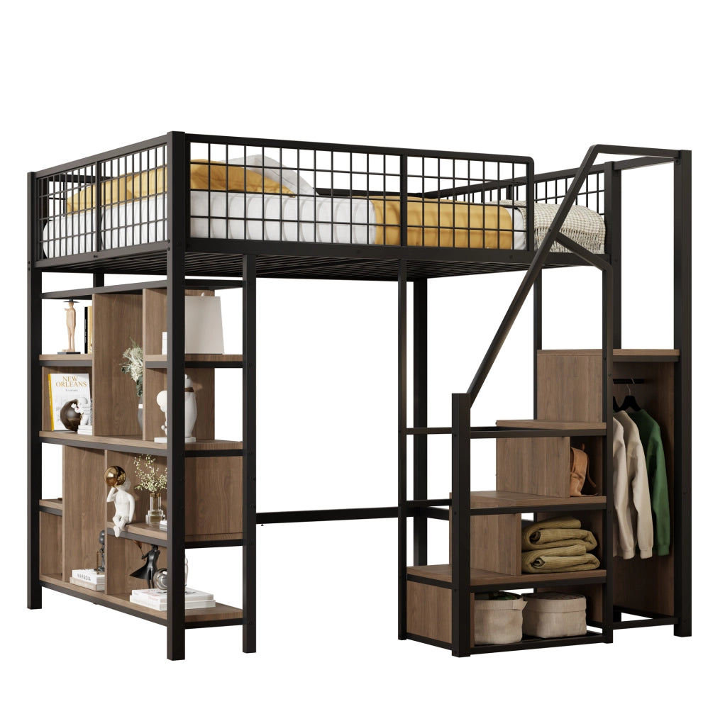 Letto a soppalco 140 x 200 cm con scala contenitore nero