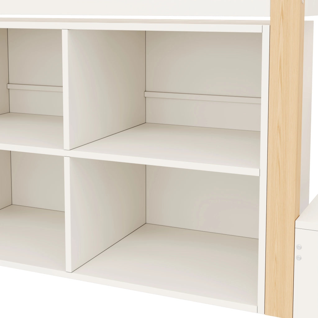 Letto rialzato per bambini 90x200 cm con cassetti; vani portaoggetti; scala contenitore e LED; bianco