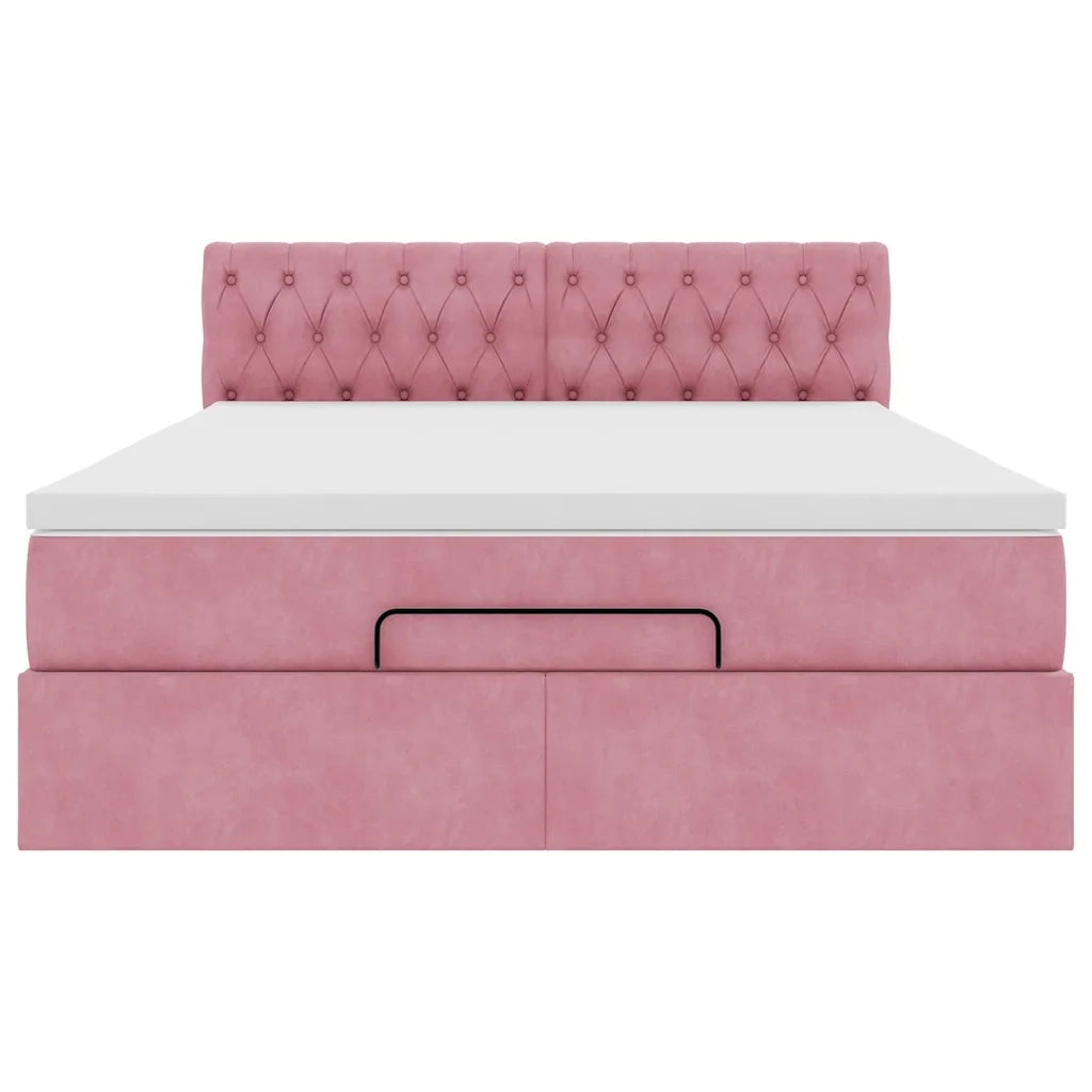 Struttura Letto Pouf con Materasso Rosa 140x200 cm in Velluto